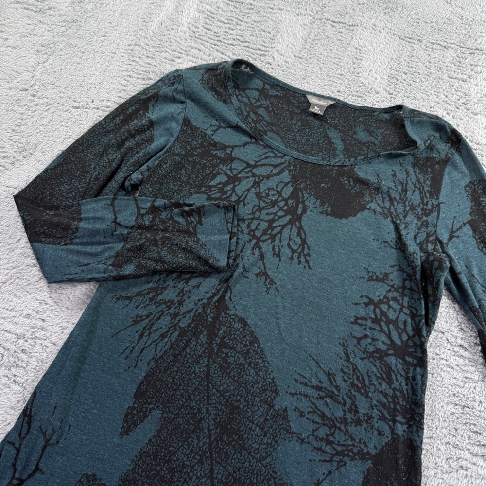 Eddie Bauer Top Womens S Teal Black Botanical Long Sleeve Scoop Neck Excellent
